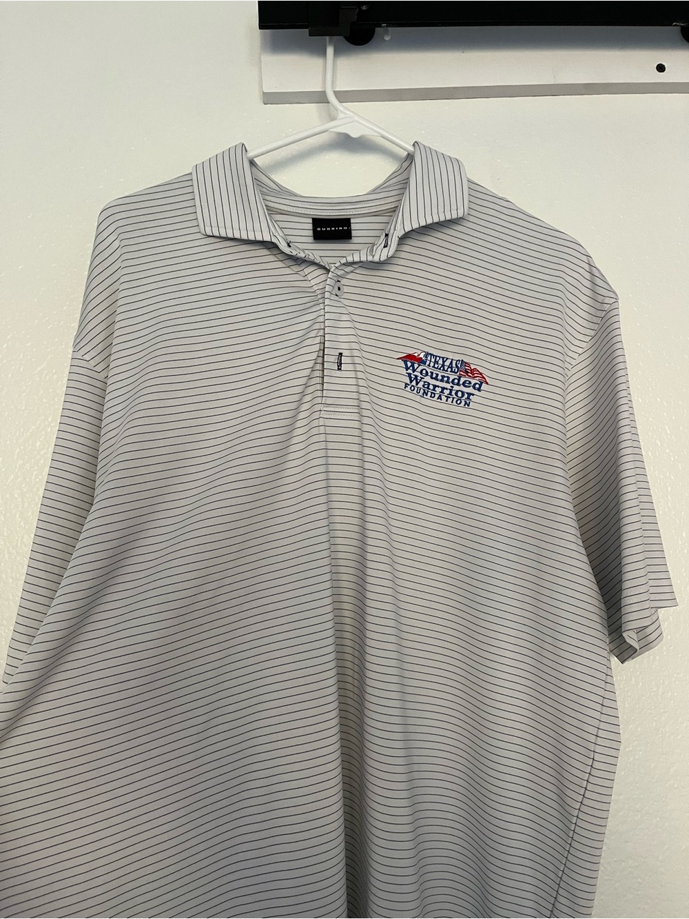 Men's Striped Dunning Golf Polo Shirt with Wounded Warrior Logo - White/Gray